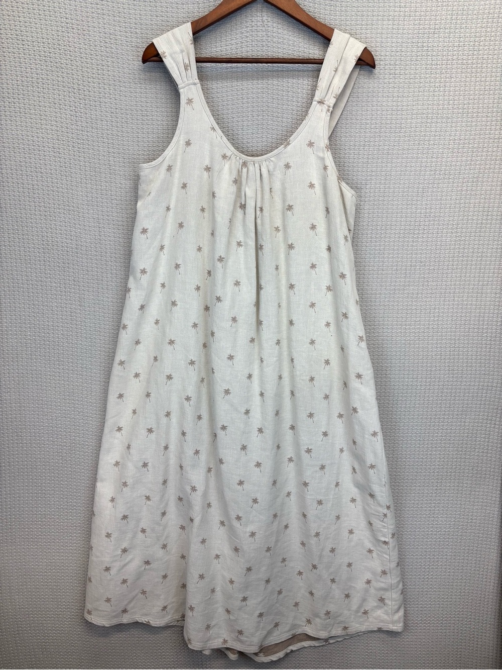 Faherty Tie Strap Organic Linen Cotton Tan Shift Midi Dress Sz Med Palm Trees